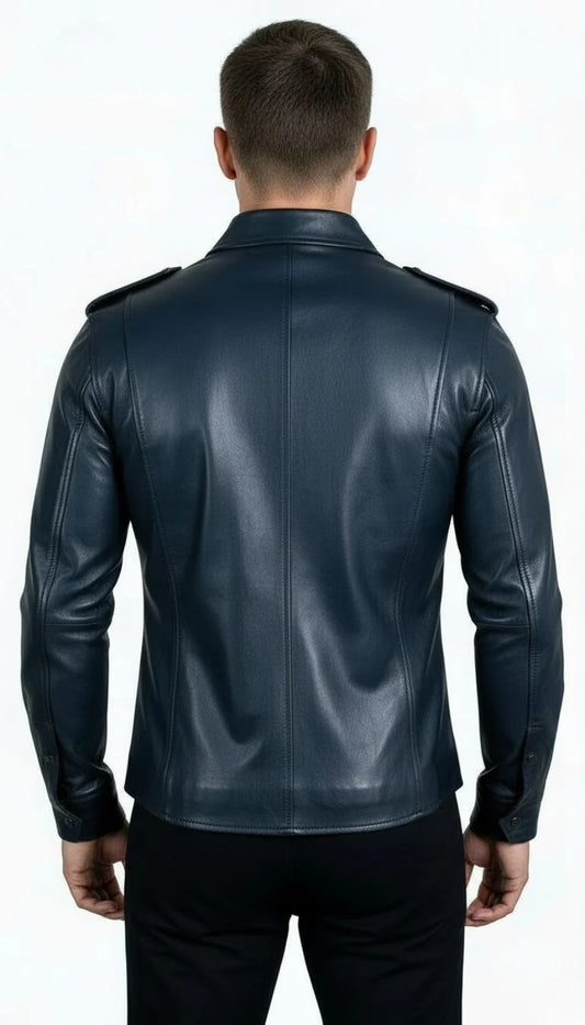 Mens Navy Leather Uniform Shirt made from genuine leather with slim fit design, uniform-style structure, and premium modern fashion look.