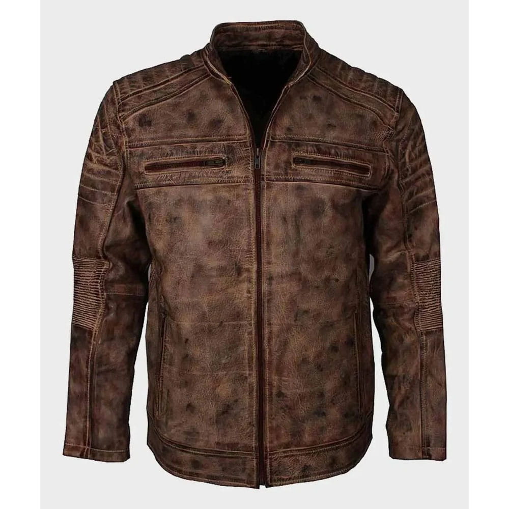 A distressed brown leather jacket with a full zipper, ribbed shoulder panels, and zippered chest pockets, shown against a light gray background.