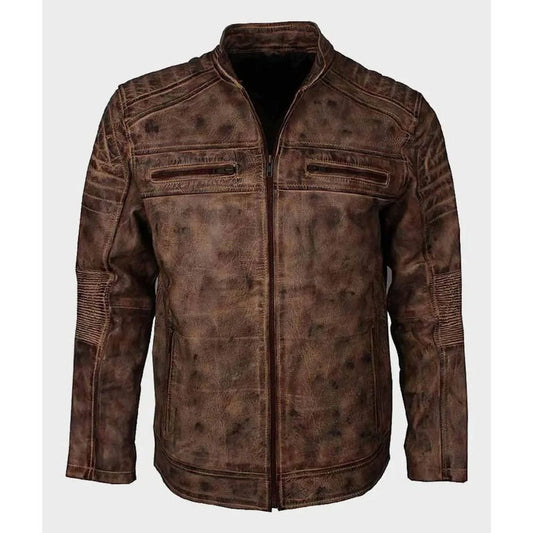 A distressed brown leather jacket with a full zipper, ribbed shoulder panels, and zippered chest pockets, shown against a light gray background.