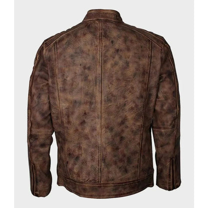 A brown distressed leather jacket shown from the back, featuring a textured, weathered finish and a ribbed collar, set against a light gray background.
