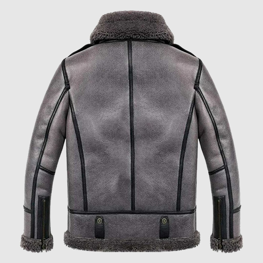 Mens B3 Bomber Aviator WWII Pilot Real Sheepskin Shearling Silver Leather Jacket