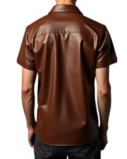 Mens Brown Leather Short Sleeve Shirt crafted from genuine premium leather featuring a tailored fit, button-front closure, and stylish brown finish for modern men's fashion.