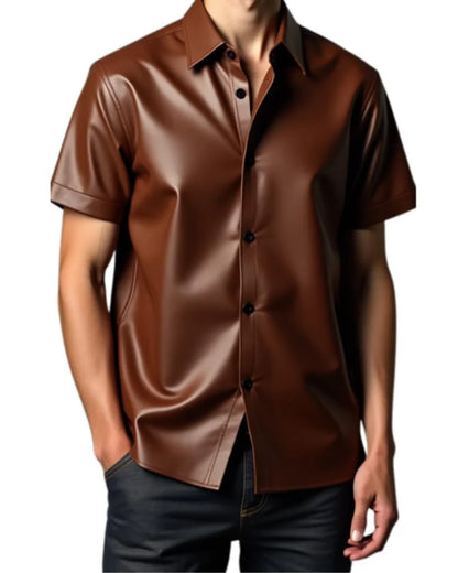 Mens Brown Leather Short Sleeve Shirt crafted from genuine premium leather featuring a tailored fit, button-front closure, and stylish brown finish for modern men's fashion.