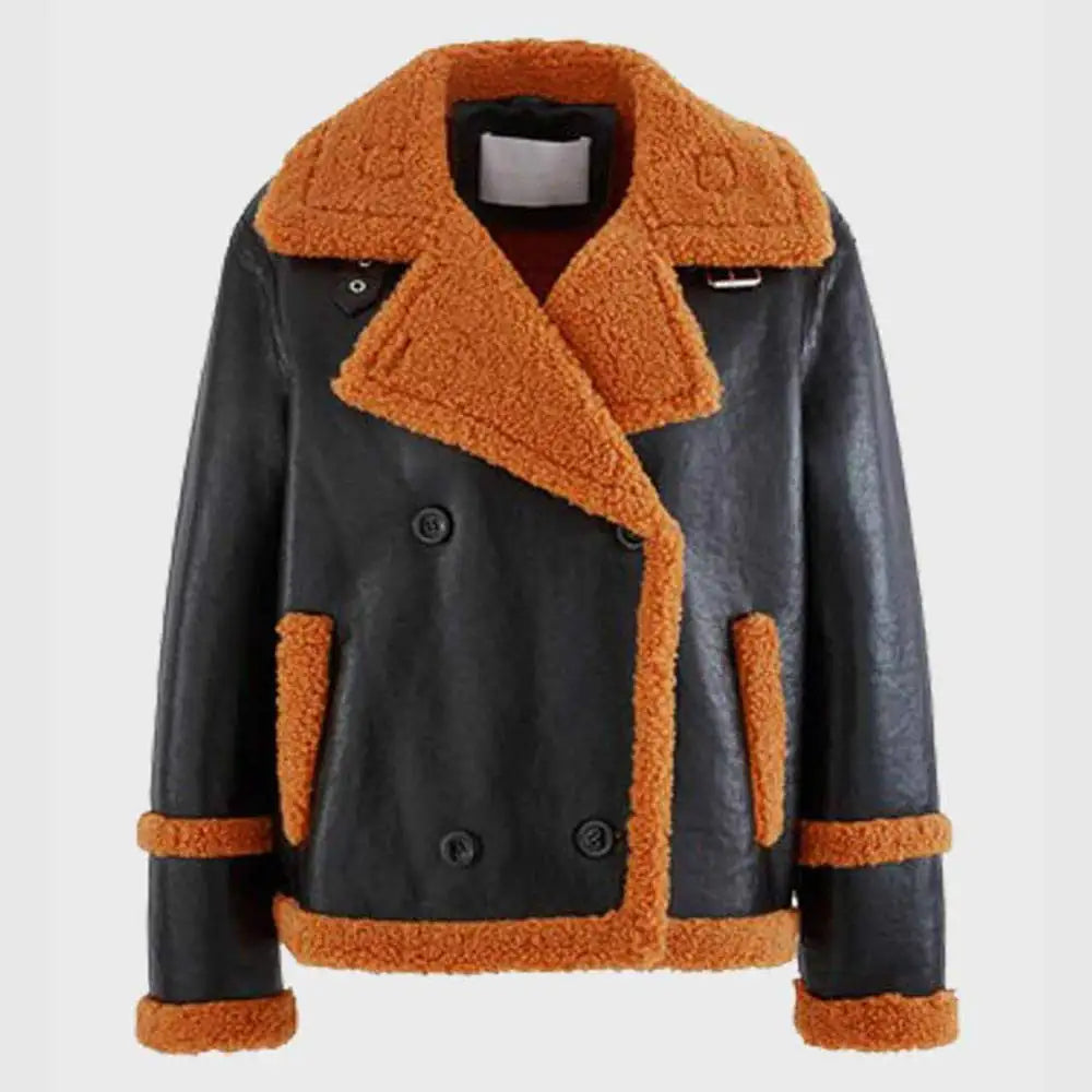 Mens Brown Shearling Sheepskin Leather Black Jacket