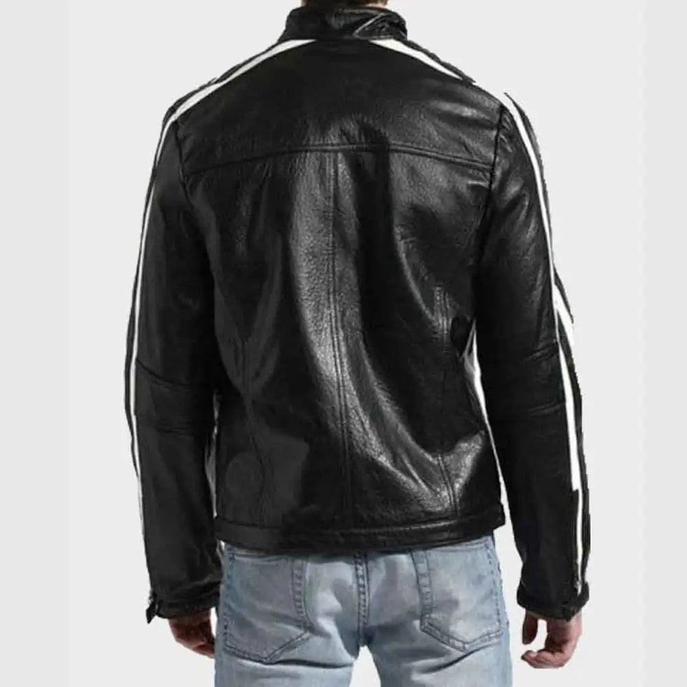 Mens White Striped Black Café Racer Leather Jacket