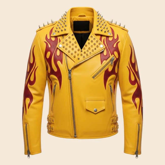 Mens Yellow Studded Flame Leather Motorcycle Jacket Cowhide Gothic Punk Style