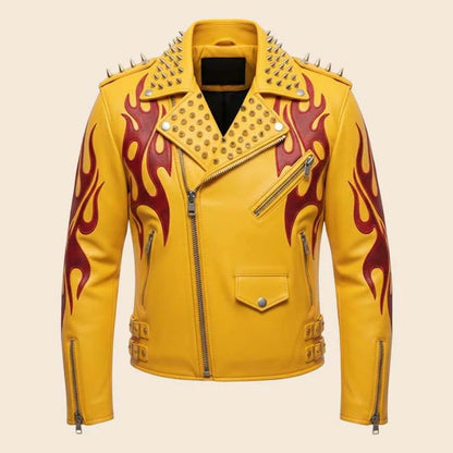 Mens Yellow Studded Flame Leather Motorcycle Jacket Cowhide Gothic Punk Style