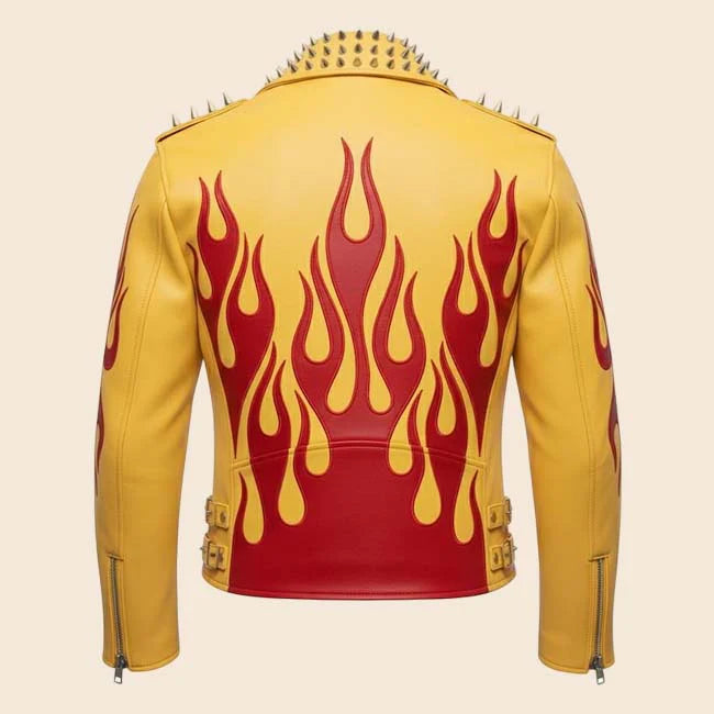 Mens Yellow Studded Flame Leather Motorcycle Jacket Cowhide Gothic Punk Style