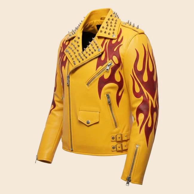 Mens Yellow Studded Flame Leather Motorcycle Jacket Cowhide Gothic Punk Style