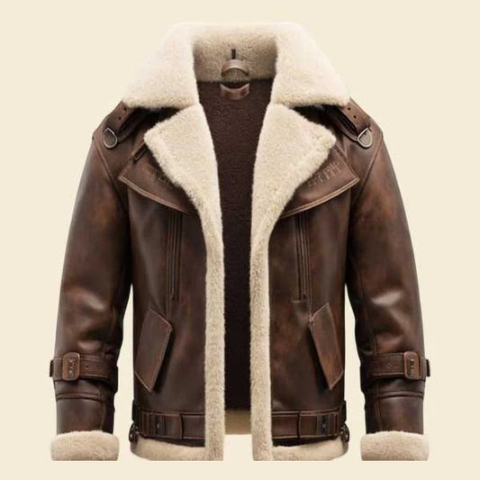 Brown leather jacket with white fur lining on a beige background