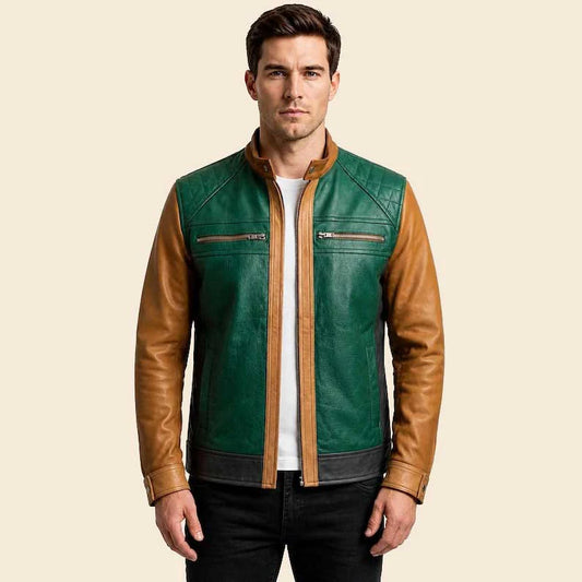 Man wearing a green and brown leather jacket on a beige background