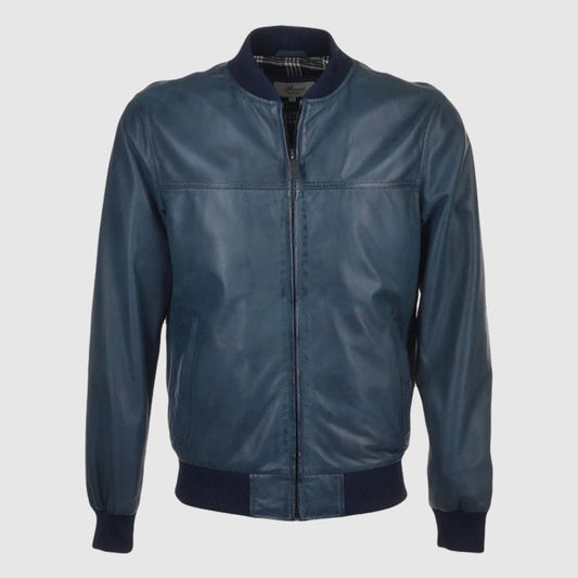 Navy Waxed Bomber Leather Jacket
