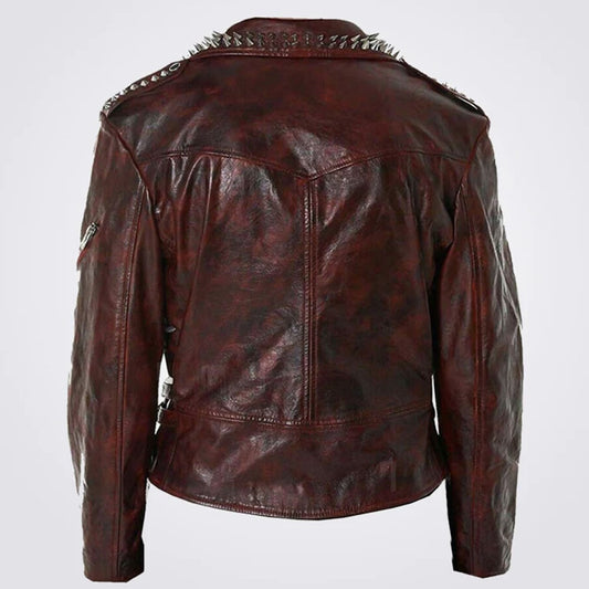 Red Waxed Punk Metallic Spiked Studded Zippered Leather Jacket