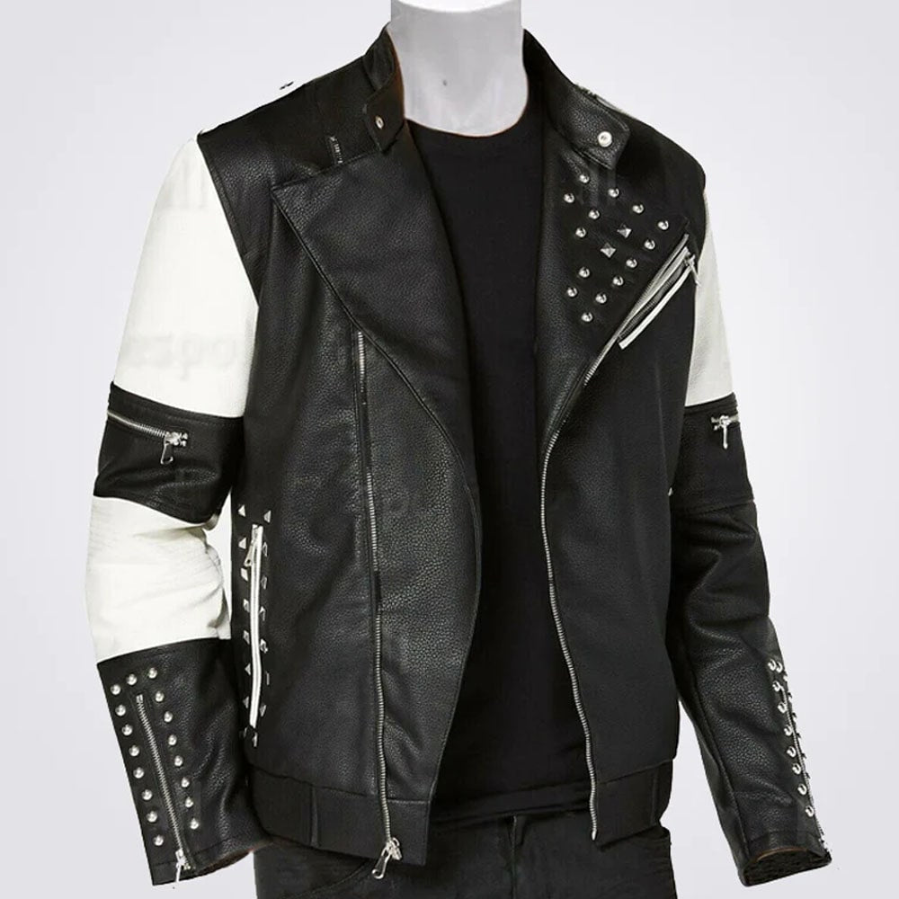 New Men's Two Tone Black White Genuine Leather Silver Studded Biker Jacket