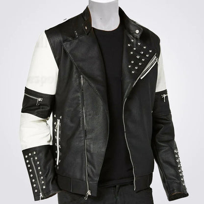 New Men's Two Tone Black White Genuine Leather Silver Studded Biker Jacket