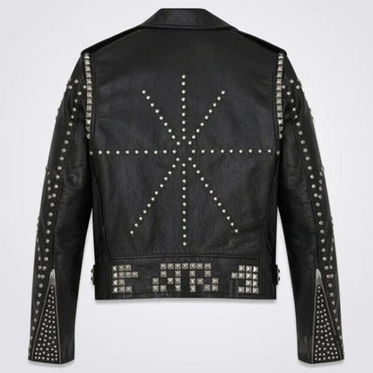 New Mens Handmade Black Full Silver Punk Studded Rivets Leather Jacket