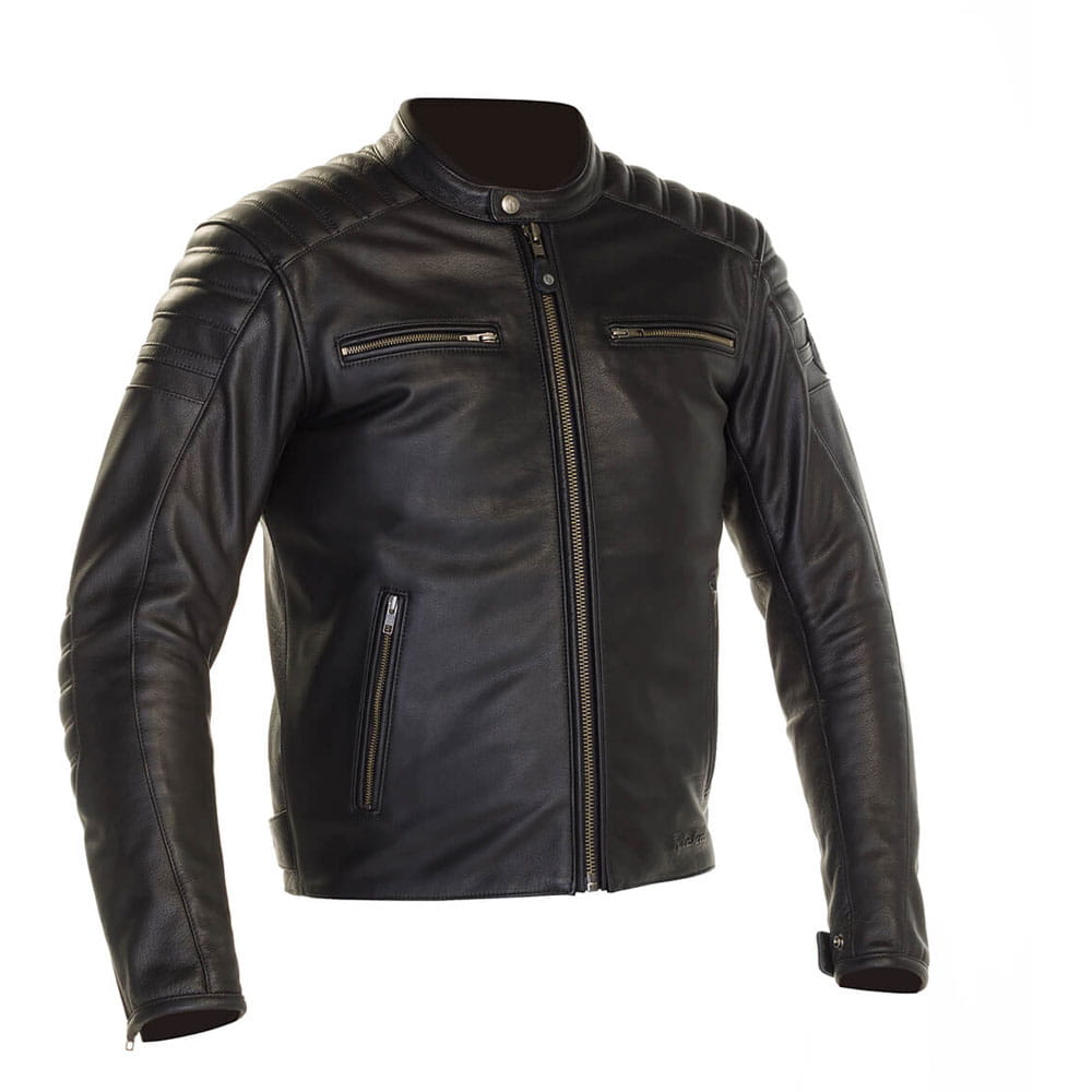 A black leather motorcycle jacket with a stand collar, quilted shoulder panels, and zippered chest pockets, shown on a plain white background.