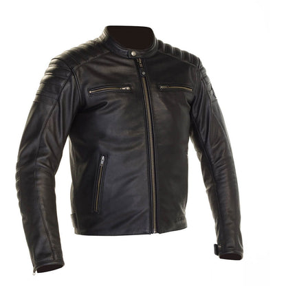 A black leather motorcycle jacket with a stand collar, quilted shoulder panels, and zippered chest pockets, shown on a plain white background.