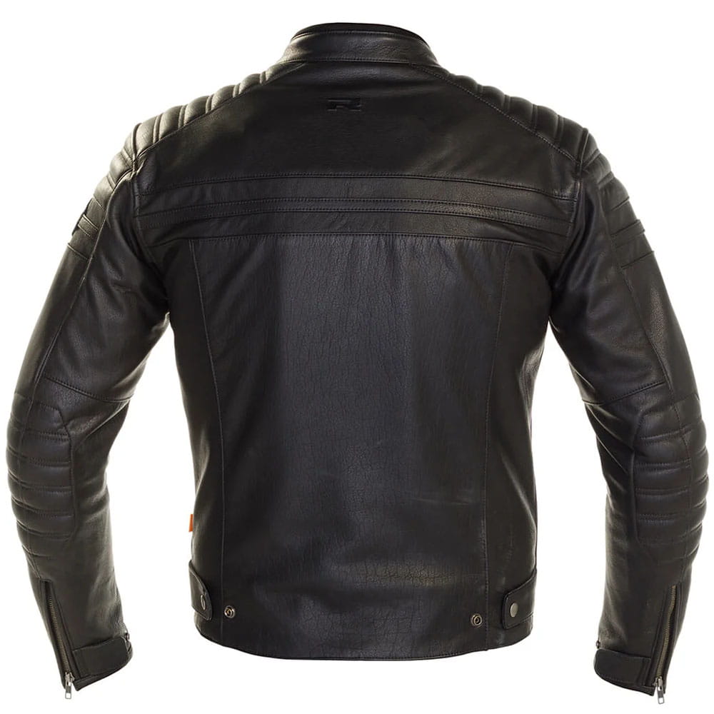 Black leather motorcycle jacket shown from the back, featuring quilted shoulder panels, a high collar, and zippered sleeve cuffs on a plain white background.