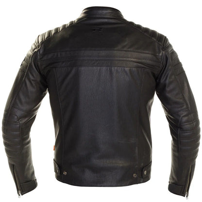 Black leather motorcycle jacket shown from the back, featuring quilted shoulder panels, a high collar, and zippered sleeve cuffs on a plain white background.
