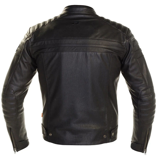 Black leather motorcycle jacket shown from the back, featuring quilted shoulder panels, a high collar, and zippered sleeve cuffs on a plain white background.