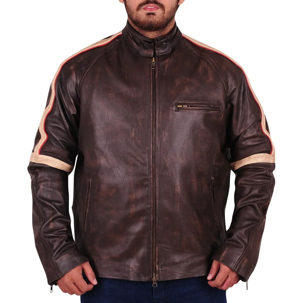 A man wearing a dark brown distressed leather motorcycle jacket with beige and red stripe details on the shoulders and sleeves, shown against a plain white background.