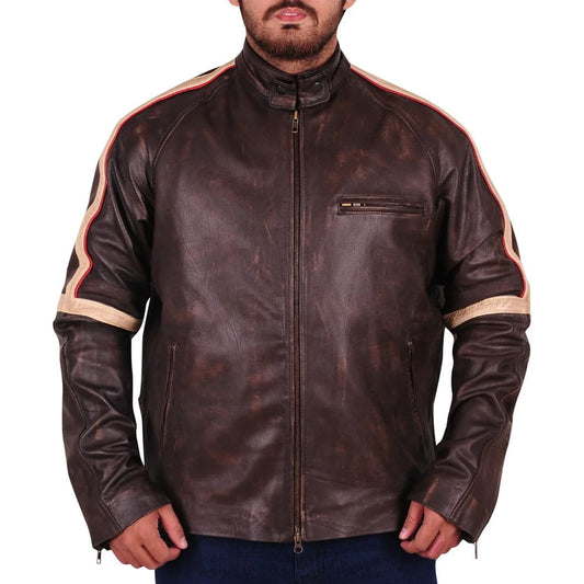 A man wearing a dark brown distressed leather motorcycle jacket with beige and red stripe details on the shoulders and sleeves, shown against a plain white background.