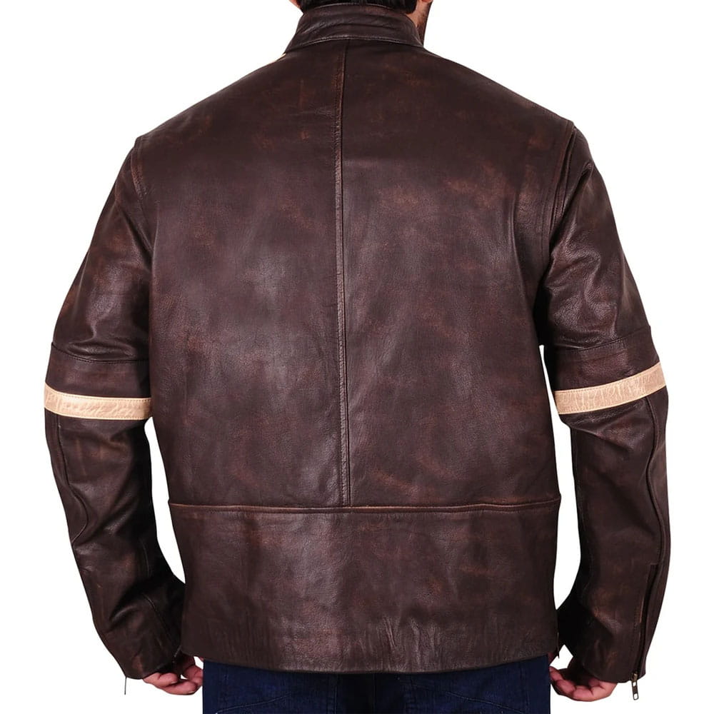 A man wearing a dark brown distressed leather jacket, viewed from the back. The jacket features light beige horizontal stripes on both sleeves and a central seam down the back.