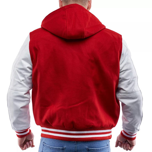 Scarlet Wool Body & Bright White Sleeves Hoodie Letterman Jacket backs-min