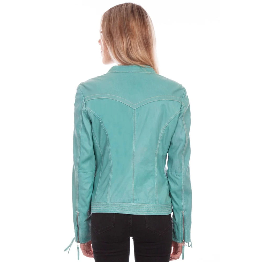 A woman viewed from the back wearing a mint green faux leather western-style jacket with drawstring details on the cuffs and black pants, set against a plain white background.