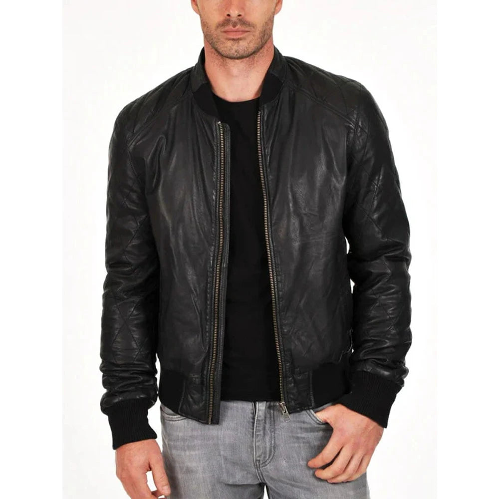Man wearing a black leather jacket on a white background