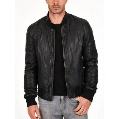 Man wearing a black leather jacket on a white background