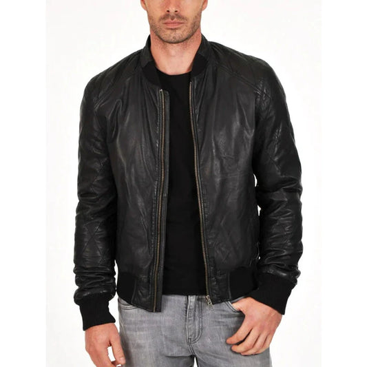 Soft Sheepskin Genuine Quilted Bomber Jacket for Men