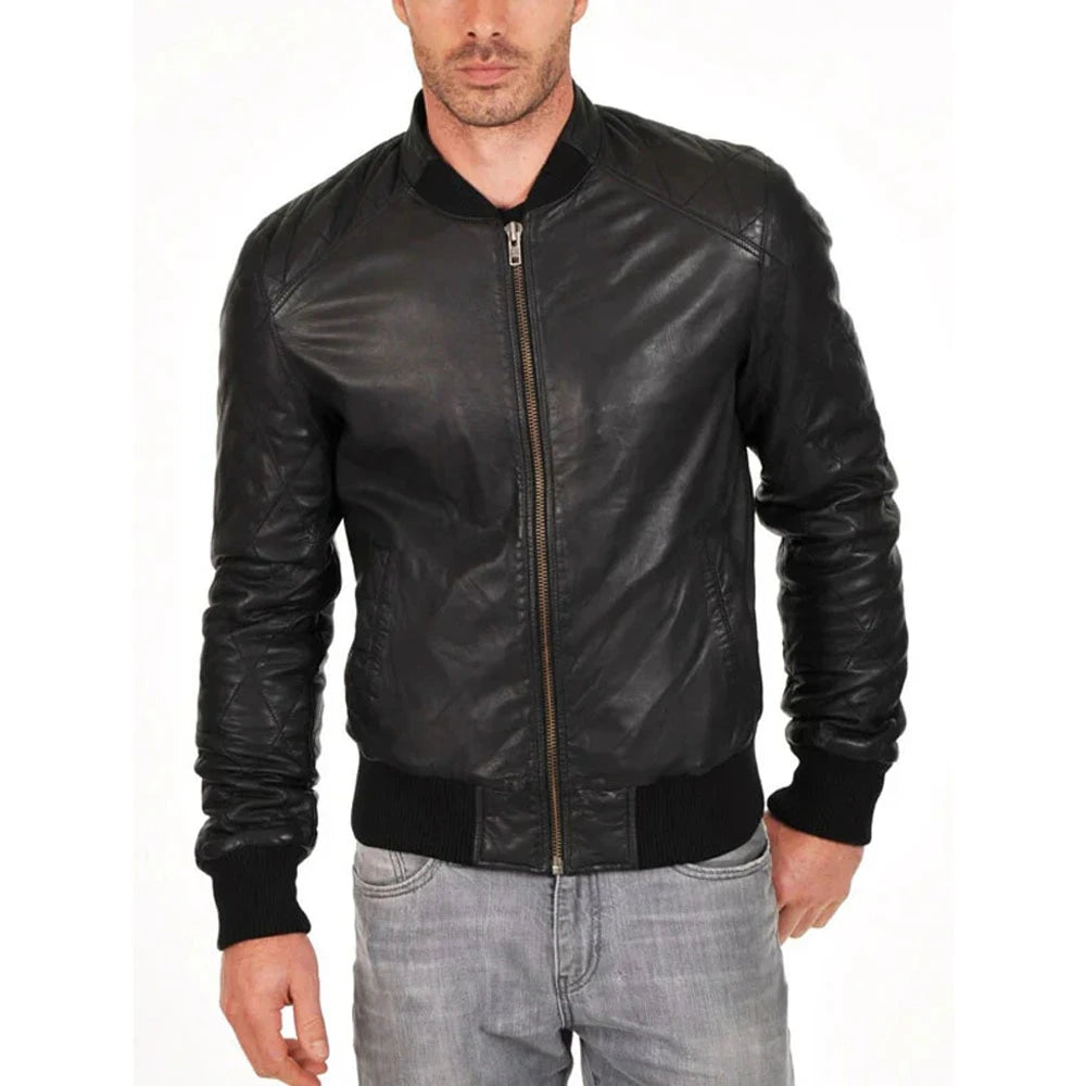 Black leather jacket worn by a person on a white background