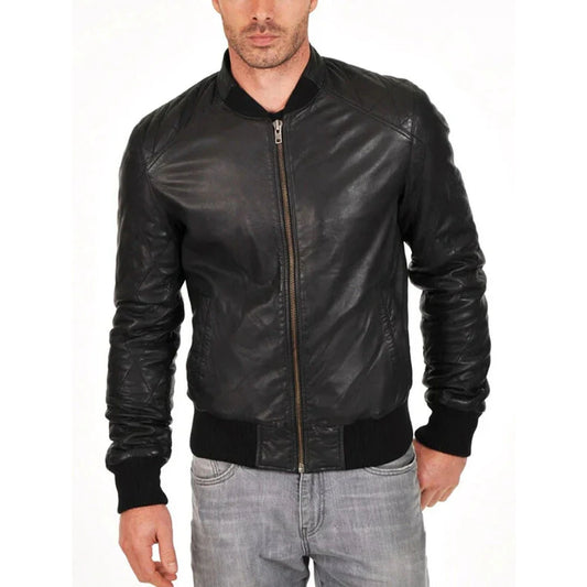Soft Sheepskin Genuine Quilted Bomber Jacket for Men