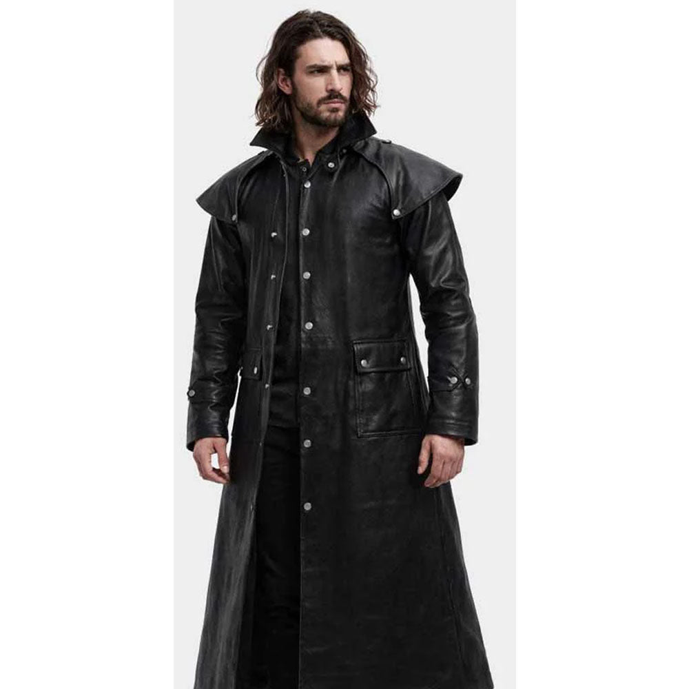 Steampunk Black Leather Trench Coat with Hood
