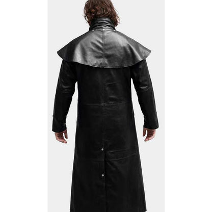Steampunk Black Leather Trench Coat with Hood