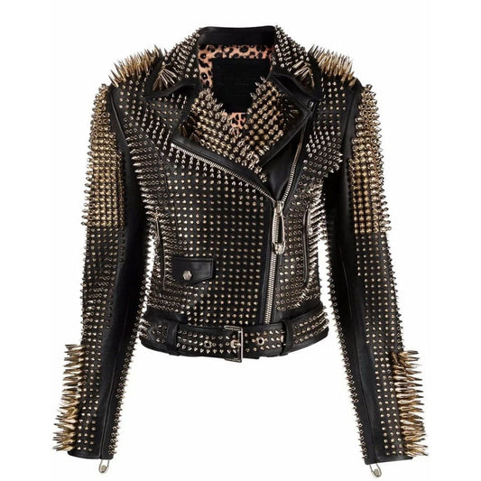 A black faux leather motorcycle jacket heavily embellished with silver-toned spikes and studs, featuring a leopard-print inner collar, a front zipper, and a matching studded belt, shown against a plain white background.