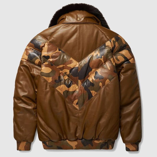 Stylish Color Brown V-Bomber Leather Jacket For Men