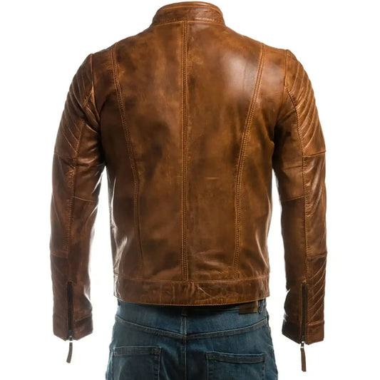 A brown distressed leather jacket shown from the back, worn by a model wearing blue jeans against a plain white background.