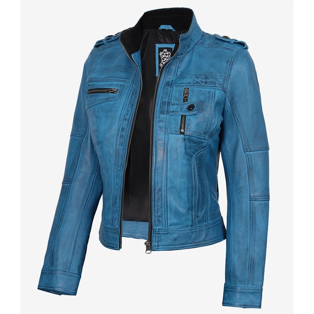 Tavares Women's Distressed Blue Leather Biker Jacket