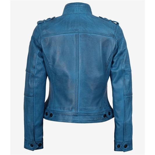 Tavares Women's Distressed Blue Leather Biker Jacket