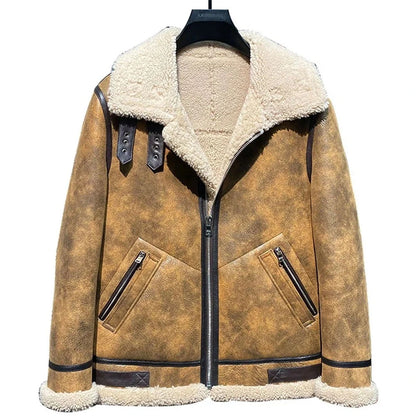 A brown faux-suede shearling jacket with a large cream-colored fleece collar and matching lining, featuring black zippers and trim, displayed on a black hanger against a white background.