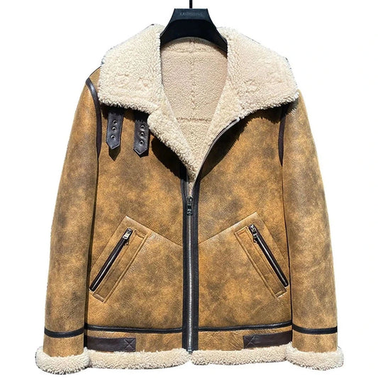 A brown faux-suede shearling jacket with a large cream-colored fleece collar and matching lining, featuring black zippers and trim, displayed on a black hanger against a white background.