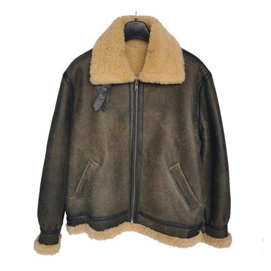Thick Brown Cracking Leather Shearling Coat