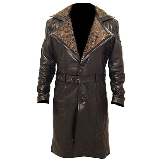 Tom Bane Dark Rises Knight Shearling Genuine Leather Coat-Long Shearling Trench Coat
