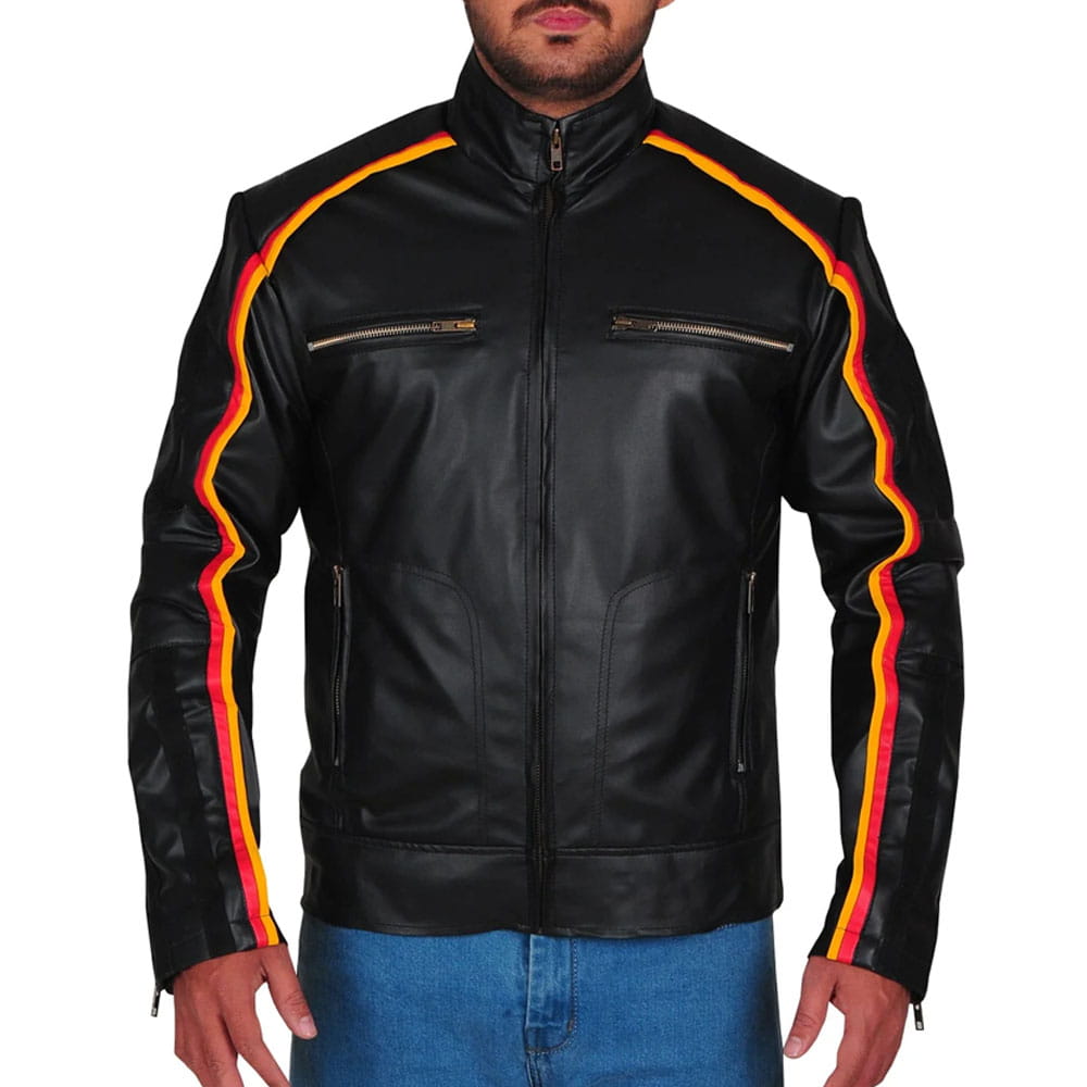 A man wearing a black leather motorcycle jacket with vibrant yellow, orange, and red stripes running down the sleeves, paired with blue jeans against a plain white background.