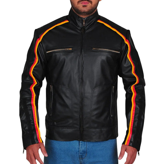 A man wearing a black leather motorcycle jacket with vibrant yellow, orange, and red stripes running down the sleeves, paired with blue jeans against a plain white background.