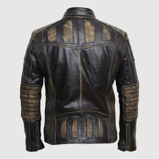 Vintage Retro Black Pleated Genuine Leather Motorcycle Jacket