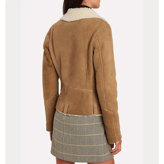 Beige Cropped Shearling Leather Jacket